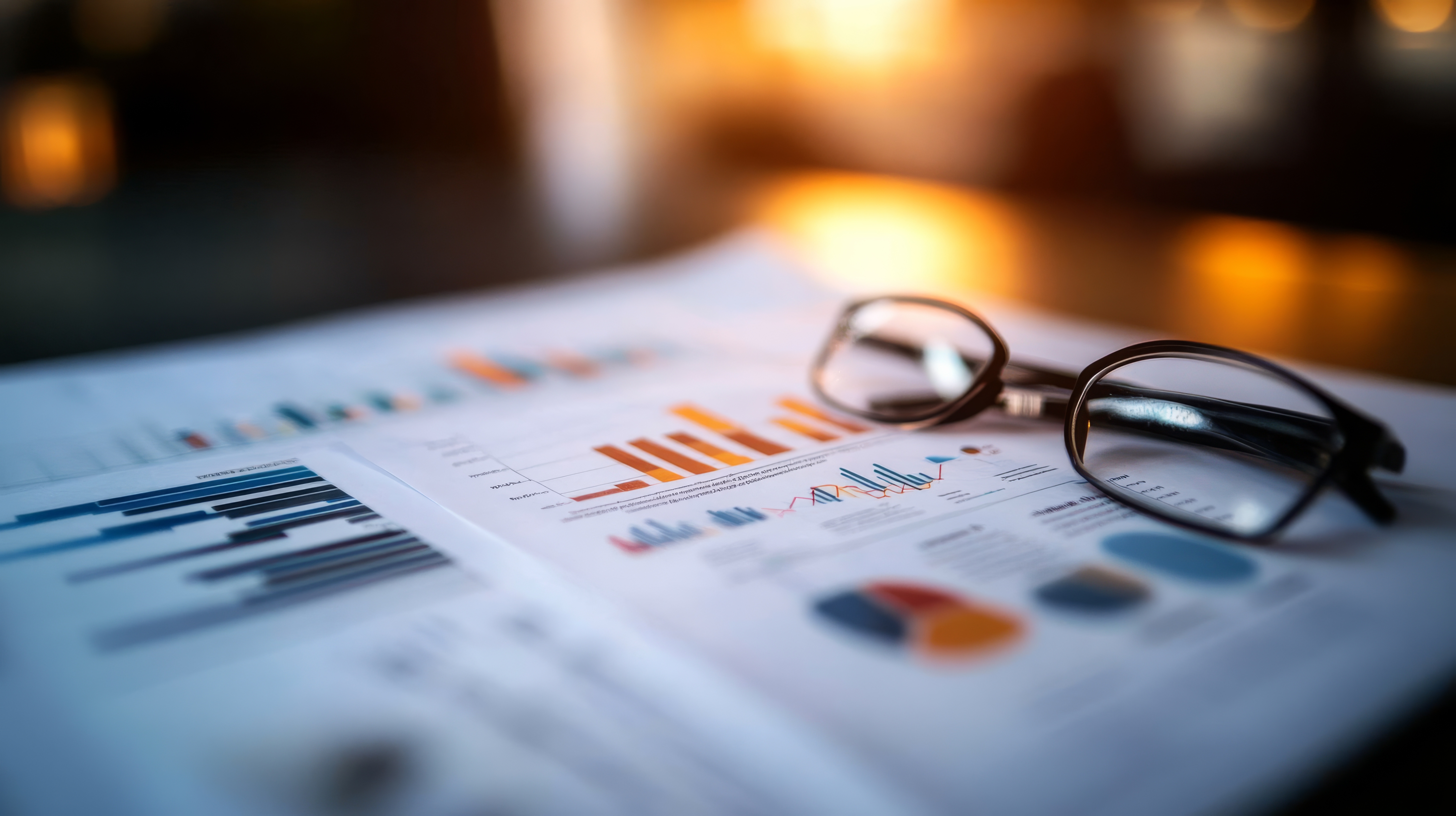 colorful charts and diagram detailing a successful business with eyeglasses on top