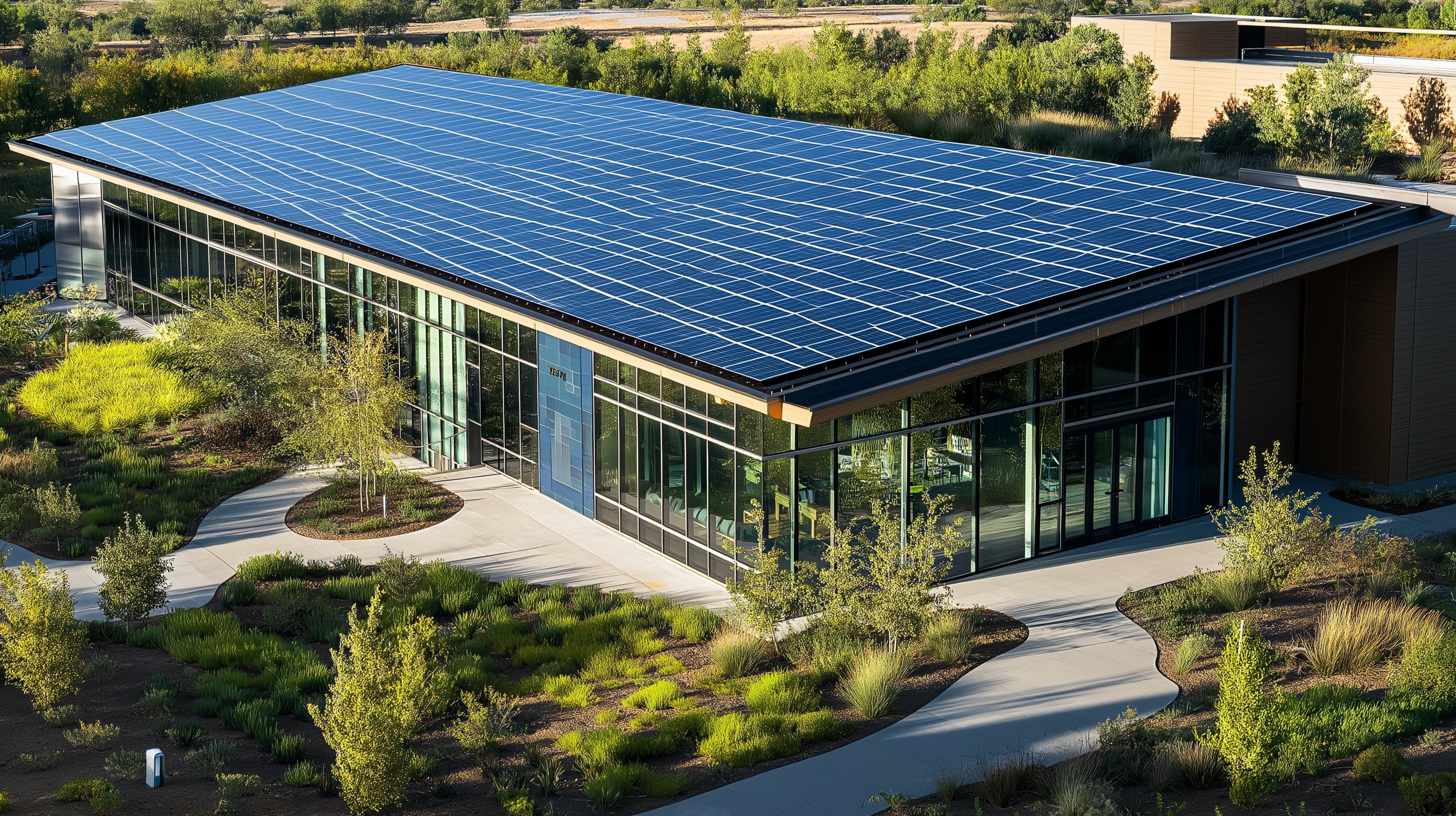Green commercial building with a solar roof surrounded by nature
