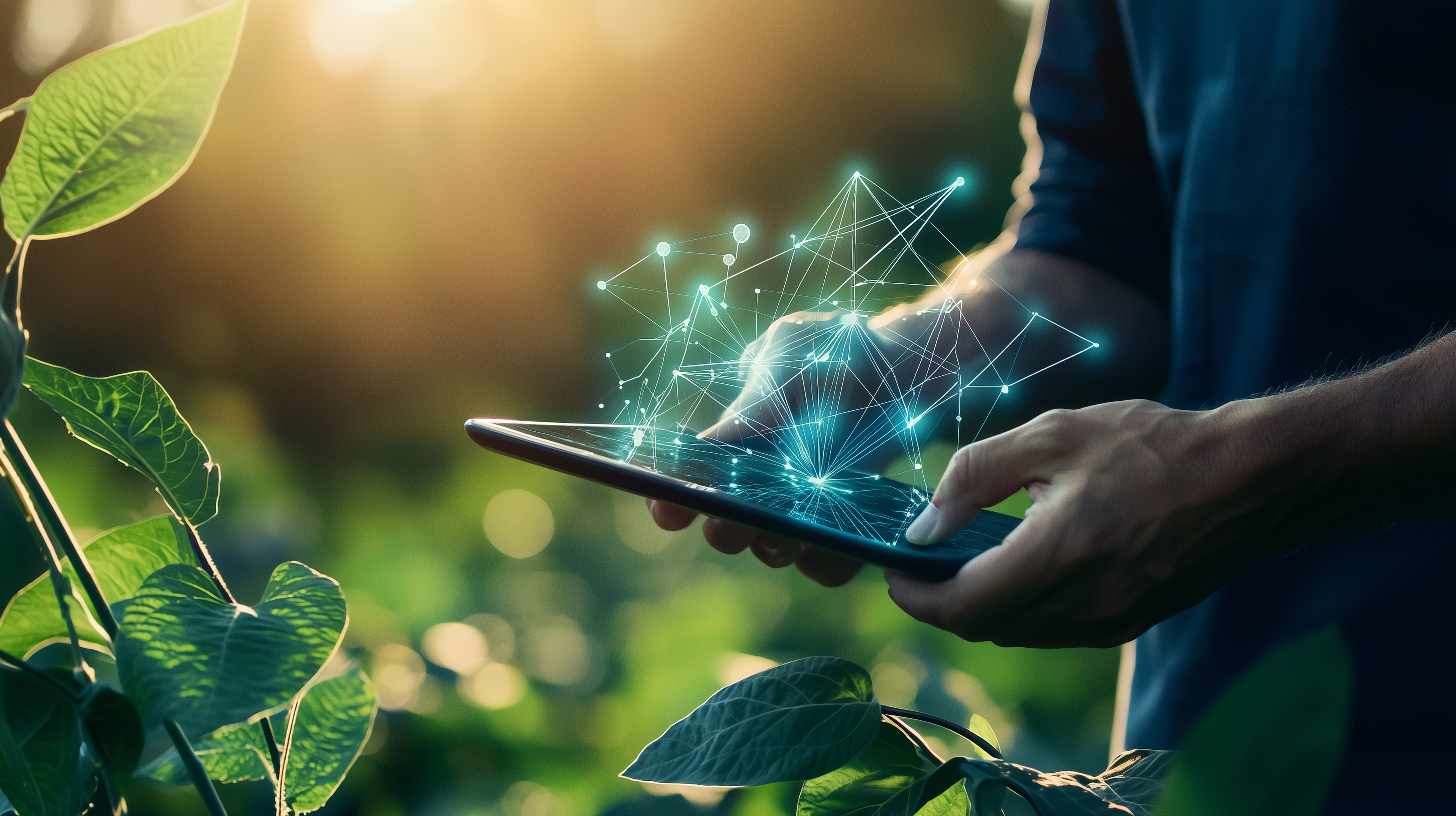 A farmer using a digital tablet for precision agriculture close to green leaves