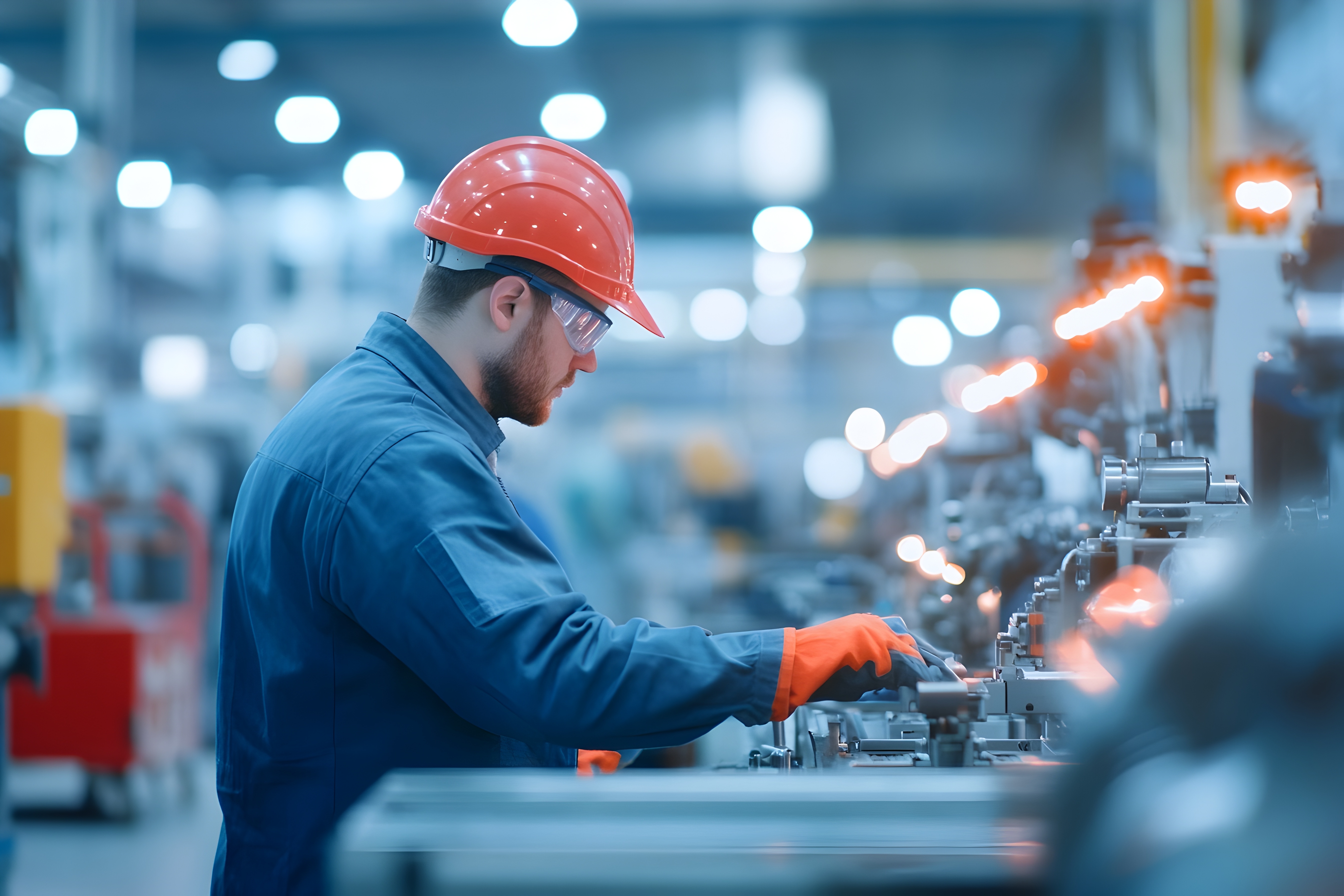 industrial worker inspecting and troubleshooting issues with manufacturing machinery