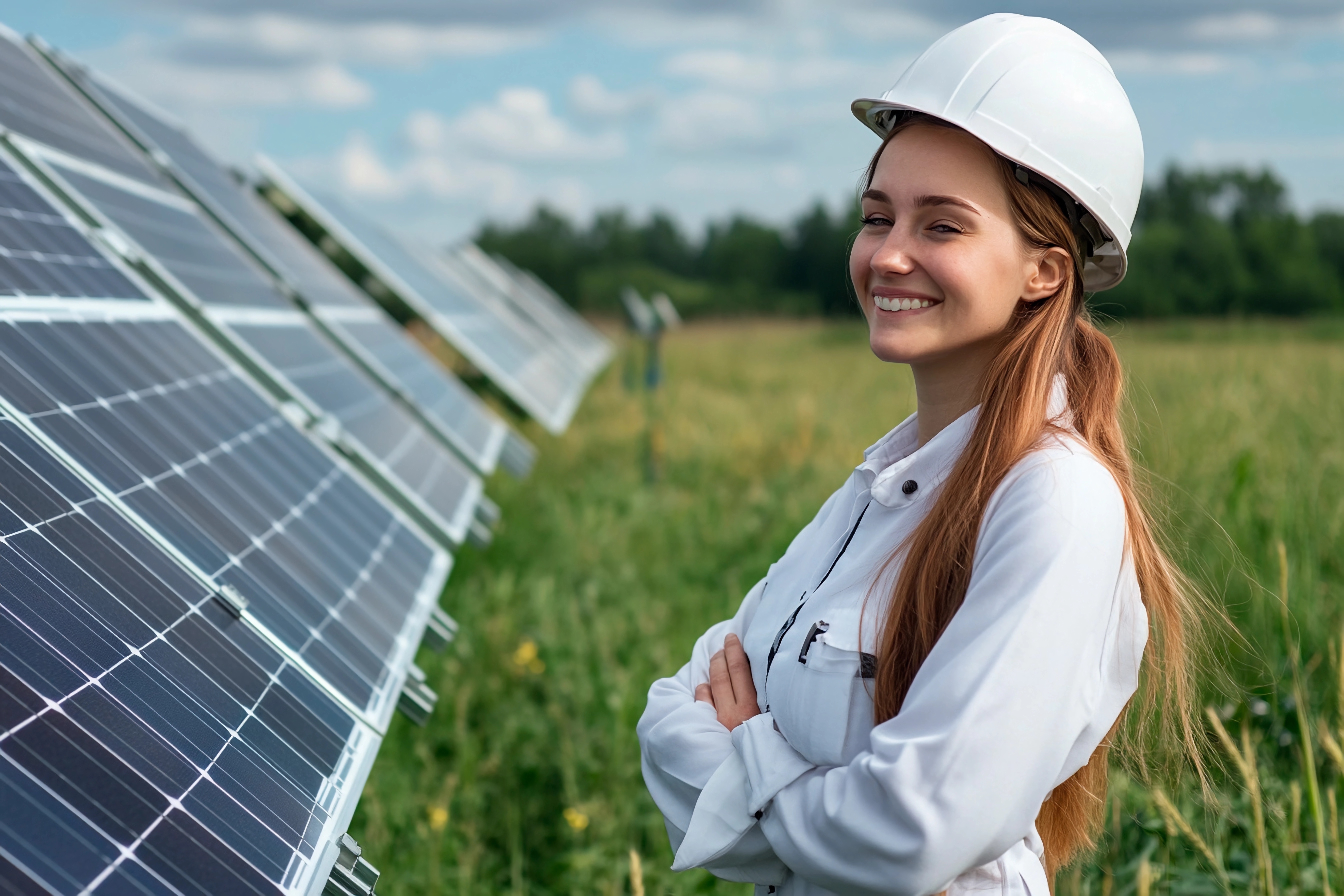 Smiling female engineer and solar panel installation in a vibrant green field