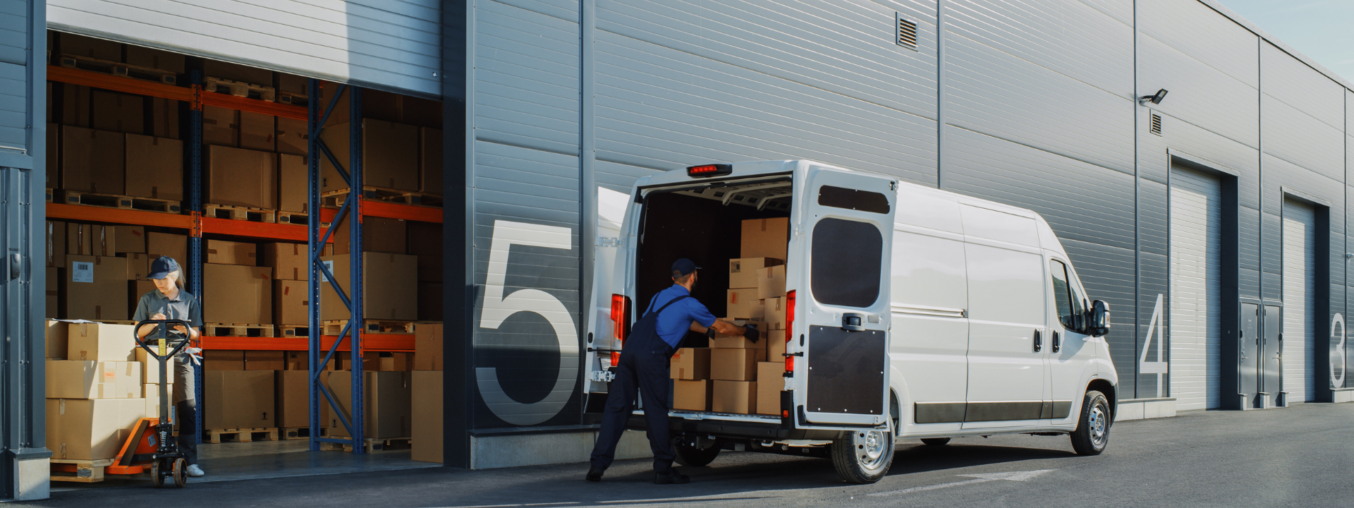 Employees loading boxes into a white van in front of a logistics warehouse.
