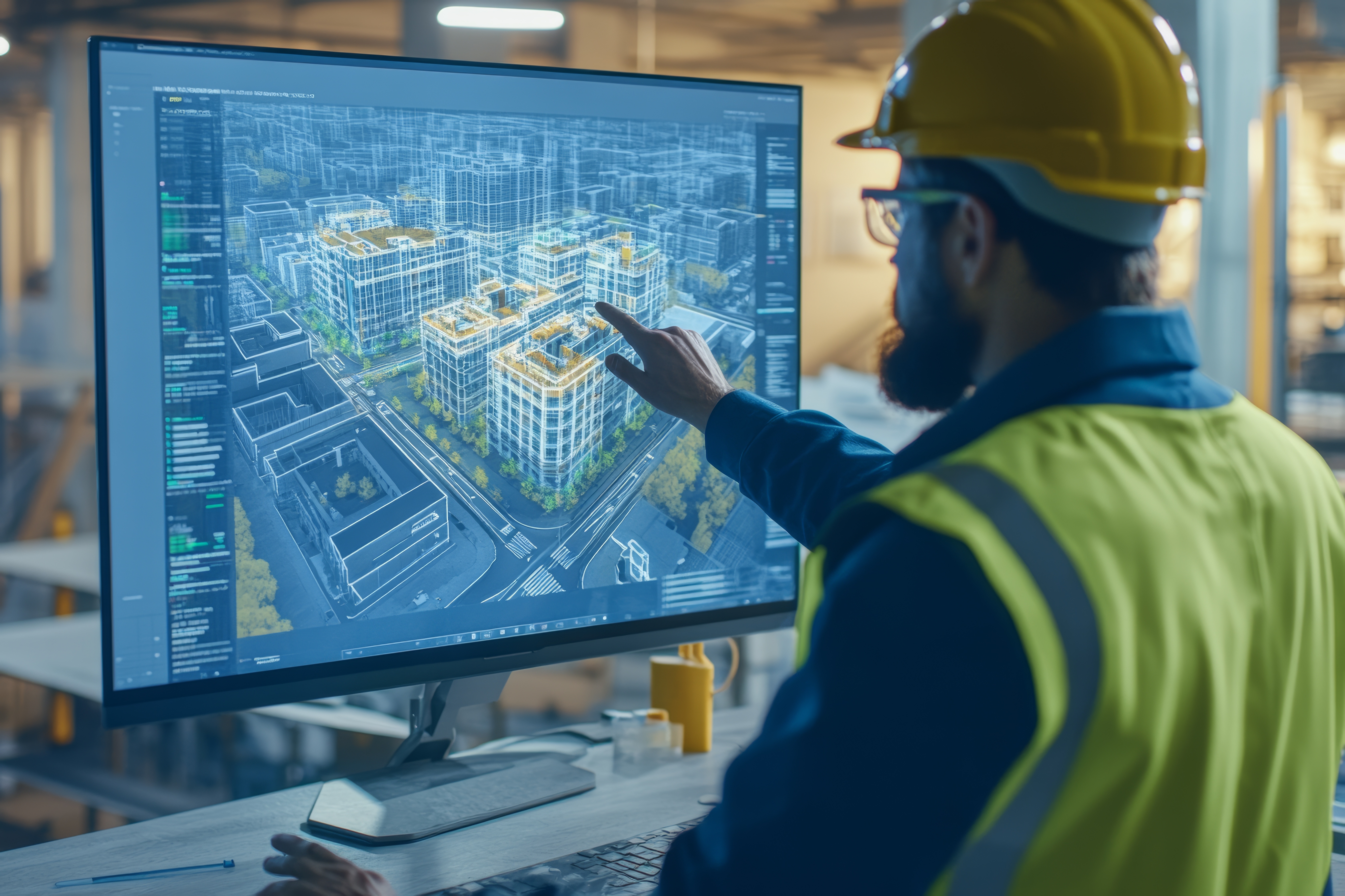 engineer collaborates on digital twin construction project using BIM and advanced modeling